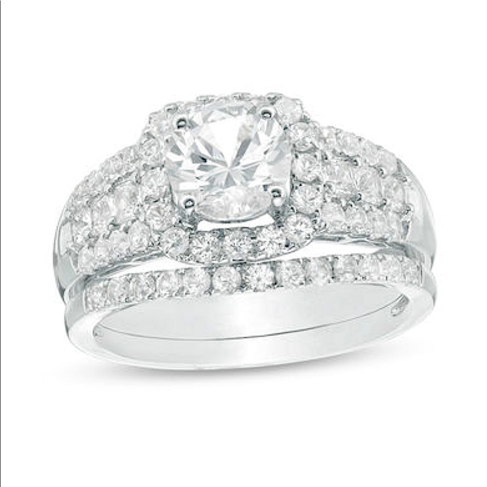 White Sapphire Cushion Frame Triple Row Bridal Ring Set Sterling Silver Size 5